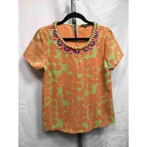 VINEET BAHL Orange Green Polka Dot Embellished Neckline Short Sleeve Top XS